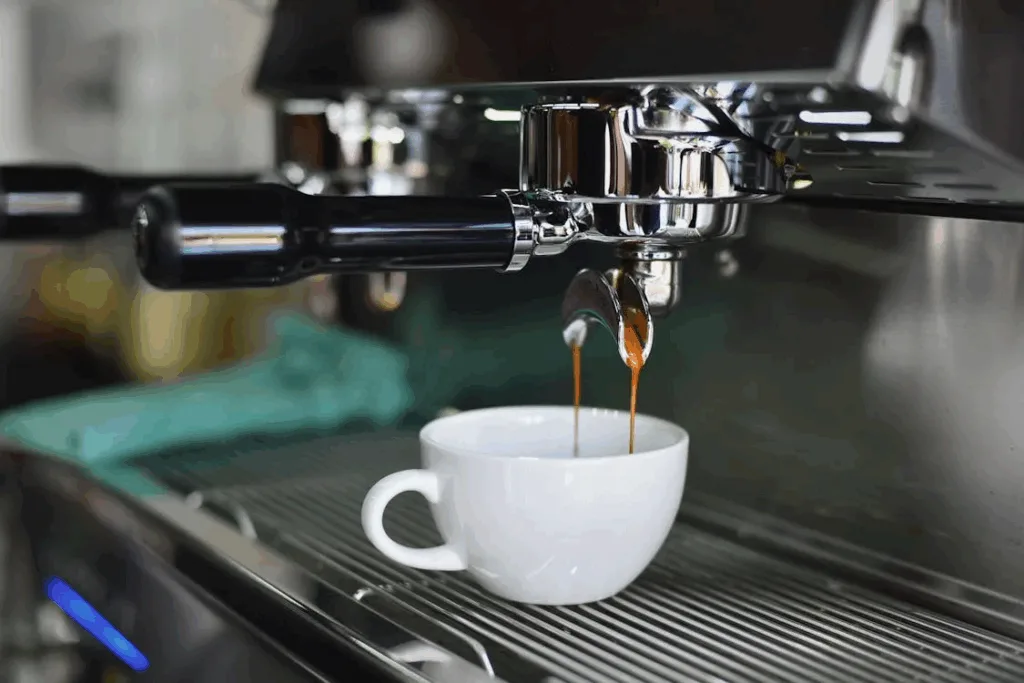 White ceramic mug on Espresso machine filling with hot espresso