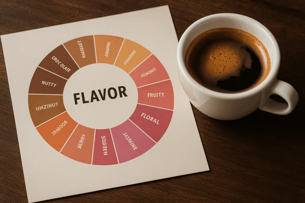 A flavor wheel with notes like chocolate, nutty, fruity, and floral displayed near a cup of espresso